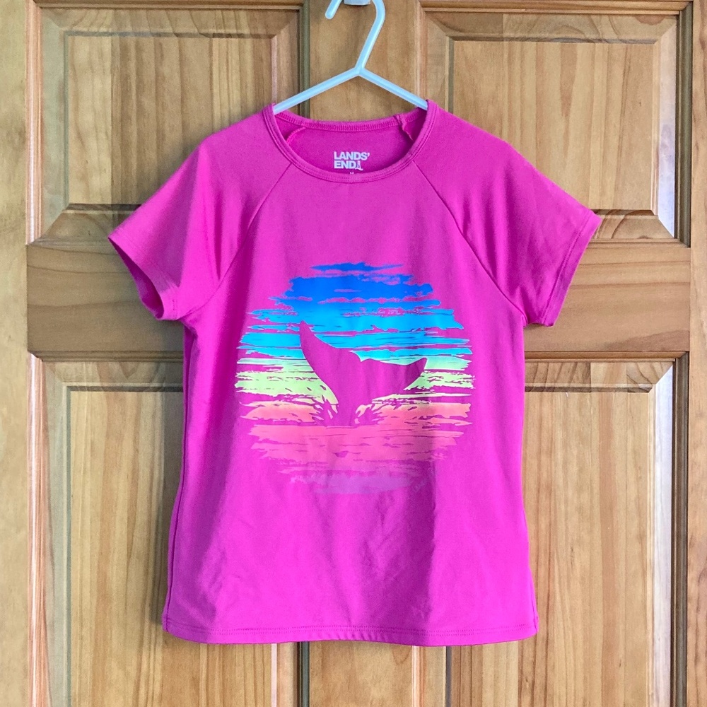 Girl’s size 8 Lands’ End short sleeved pink modest swim top/rash guard